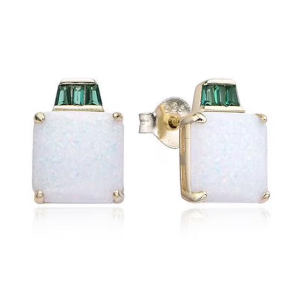 Gold Plated White Square Opal & Green Spinel Stud Earrings